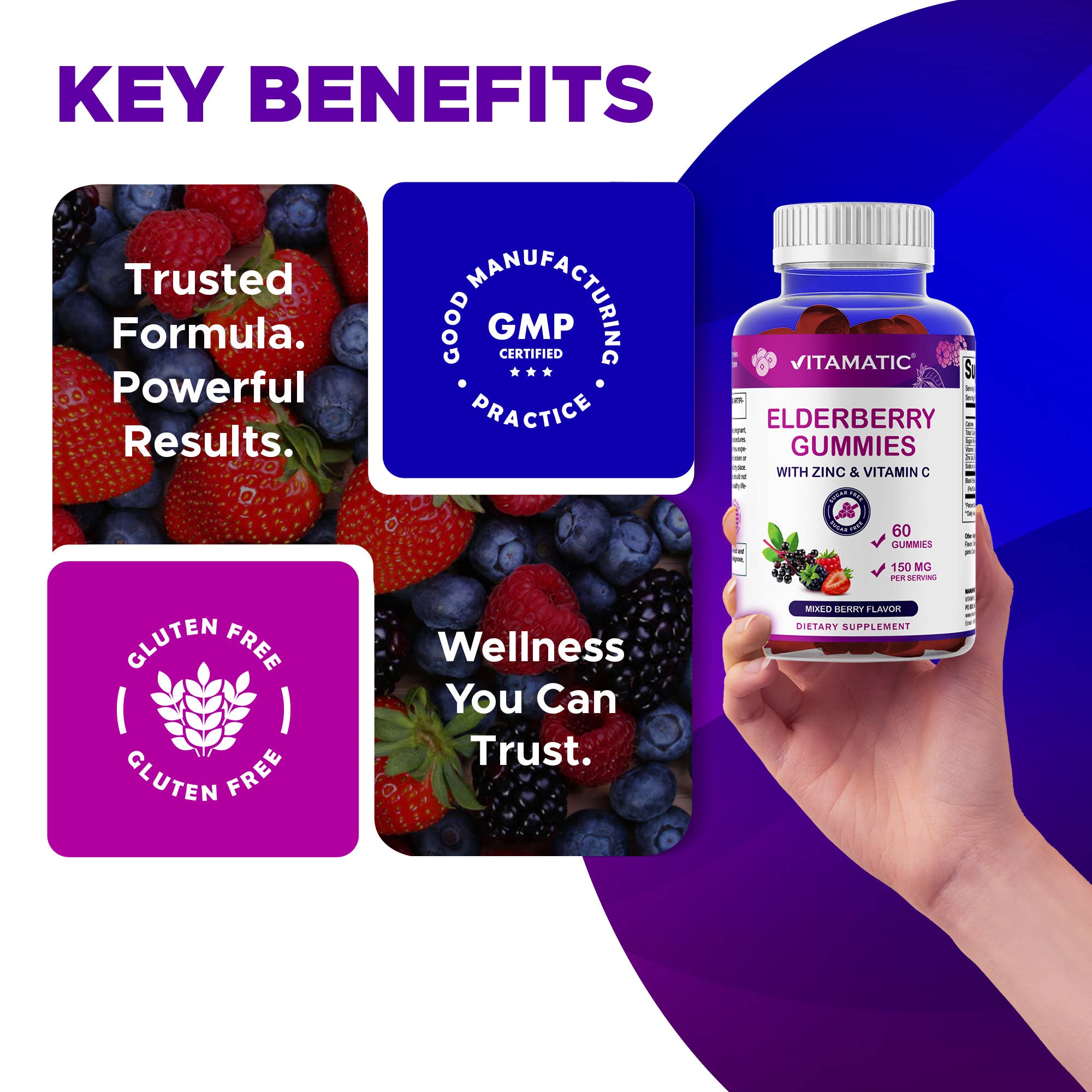 Vitamatic Elderberry Gummies | Zinc & Vitamin C | 60ct