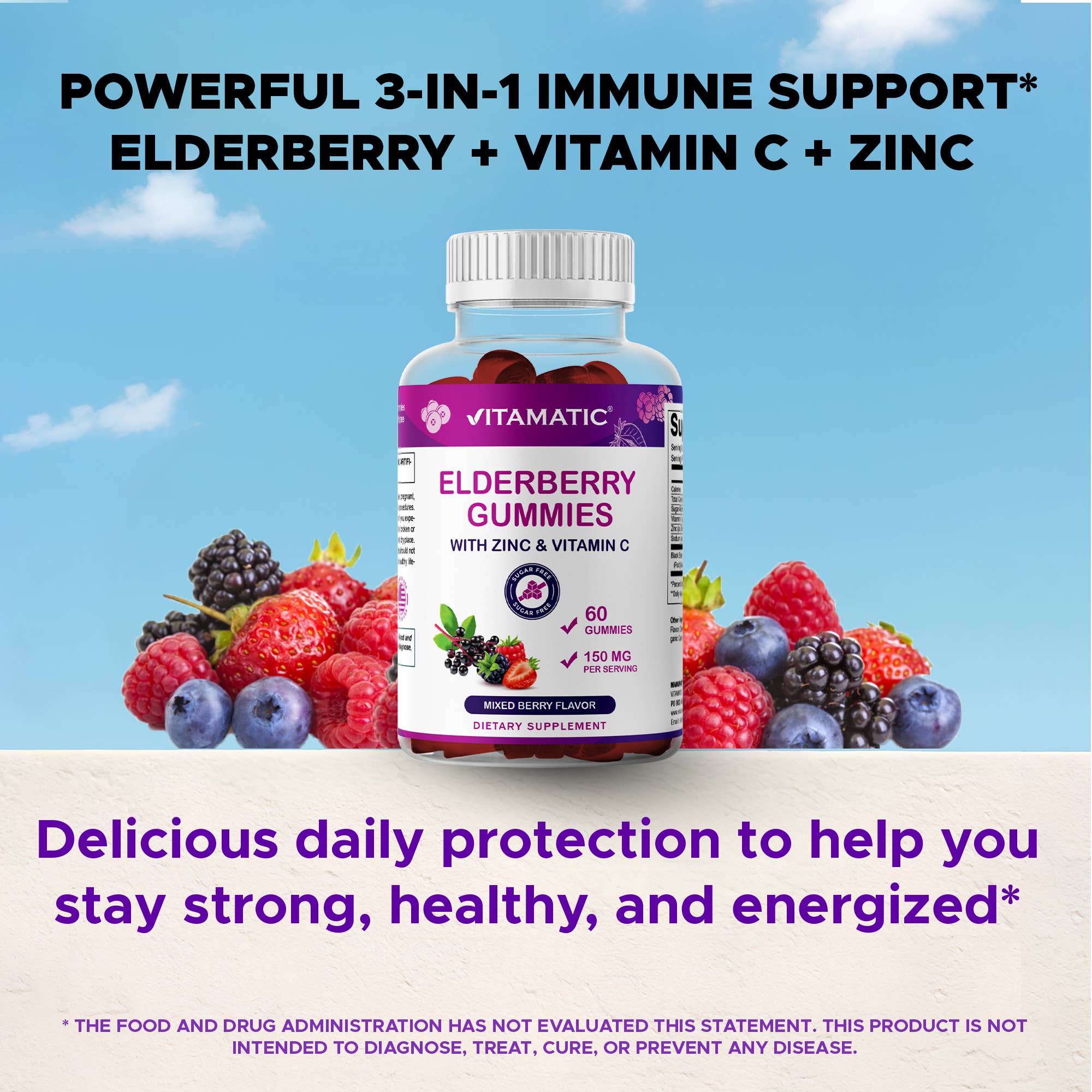 Vitamatic Elderberry Gummies | Zinc & Vitamin C | 60ct