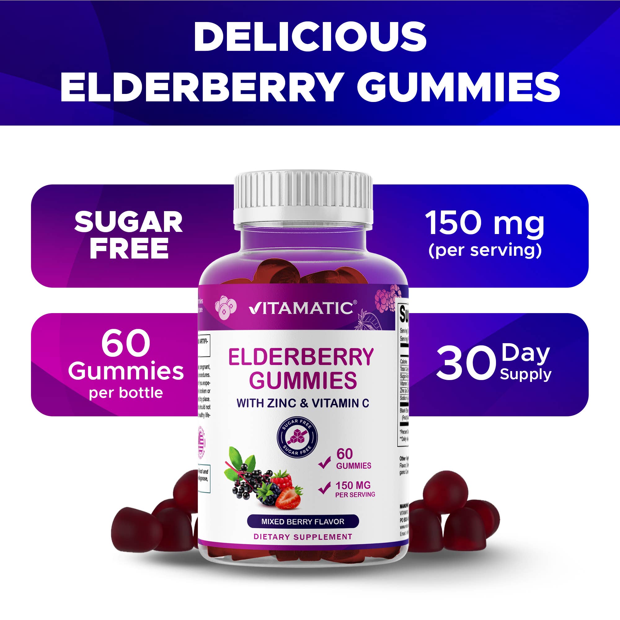 Vitamatic Elderberry Gummies | Zinc & Vitamin C | 60ct